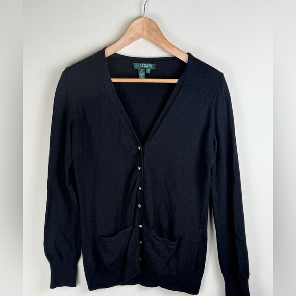 Lauren Ralph Lauren Silk Cashmere Blend Black Cardigan S Rhinestone Button Up - Picture 1 of 11